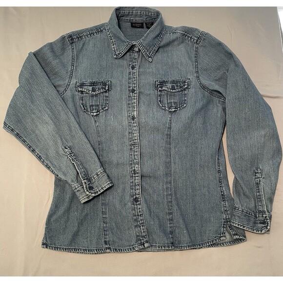 City Elements By Lee Shirt Women Size Medium Blue Denim Long Sleeve Button Down - Picture 1 of 6